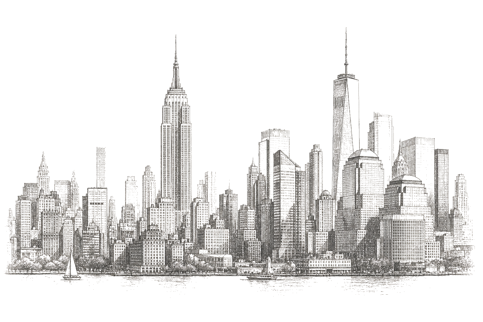 Pencil sketch of the New York City financial district skyline